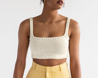 Square Neck Crop Top, Minimal Knit Top, Cropped Yoga Top, Hand Knit, Square Neckline, Knit Bra, Fitted Cotton Bralette in Vanilla Scoop