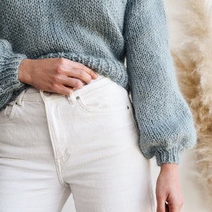 Chunky Mohair Sweater, Hand Knit Pullover, Oversized Knit Sweater in Kid Mohair, Mockneck & Bubble Sleeves, Loose Fit, Womens Knitted Blouse