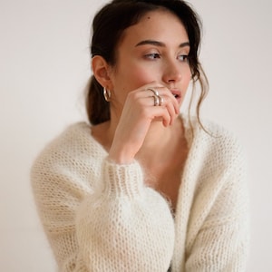 Mohair Bomber Cardigan, Off White Hand Knit, Chunky Knit Cardigan, Balloon Sleeves, Soft Kid Mohair, Open Front Cardigan, Slouchy Cardigan