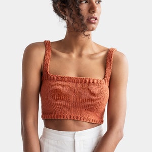 Square Neck Crop Top, Minimal Knit Top, Cropped Yoga Top, Hand Knit, Square Neckline,Sports Knit Bra, Fitted Cotton Bralette in Terra Cotta image 1