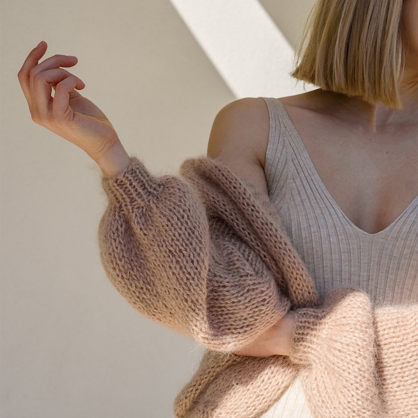 Mohair Bomber Cardigan in Honig, Beige Handgestrickt, Grobstrick Cardigan, Ballonärmel, Weiches Kid Mohair, Slouchy Open Front Cardigan