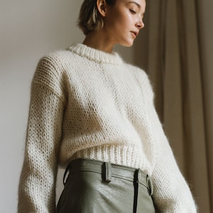 Chunky Mohair Sweater in Cloud, Hand Knit Pullover, Oversized Knit Sweater in Kid Mohair, Mockneck & Bubble Sleeves, Womens Knitted Blouse