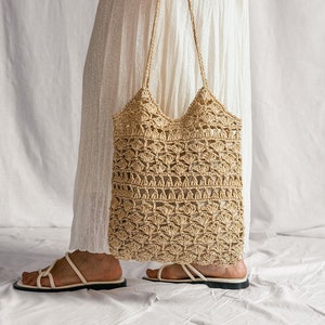 Gehäkelte Bast Tragetasche in Natur, Sommer Tragetasche, Stroh Mesh Tasche, Handgefertigte Tasche, Gehäkelte Handtasche - Anemone Tote