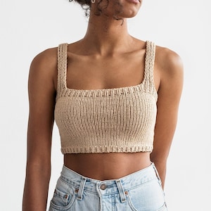 Square Neck Crop Top, Minimal Knit Top, Cropped Yoga Top, Hand Knit, Square Neckline,Sports Knit Bra, Fitted Cotton Bralette in Light Wheat