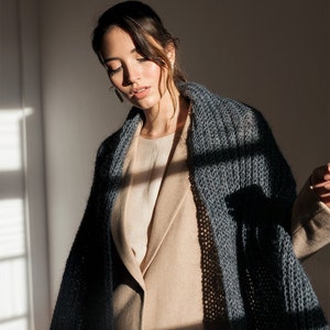Mohair Wrap Scarf, Hand Knit in Kid Mohair, Extra Long and Warm, Super Soft Blanket Scarf, Dark Grey Winter Womens Scarf, Mohair Luxury Wool
