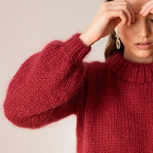 Chunky Mohair Sweater, Hand Knit Pullover, Oversized Knit Sweater in Kid Mohair, Mockneck & Bubble Sleeves, Loose Fit, Womens Knitted Blouse 04. Berry