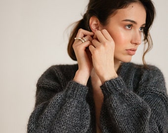 Mohair Bomber Cardigan, Dark Grey Hand Knit, Chunky Knit