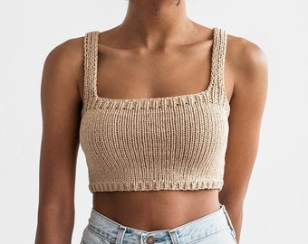 Square Neck Crop Top, Minimal Knit Top, Cropped Yoga Top, Hand Knit, Square Neckline,Sports Knit Bra, Fitted Cotton Bralette in Light Wheat