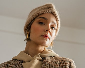 手編みのモヘアターバンヘッドバンド：柔らかな冬用イヤーウォーマー
