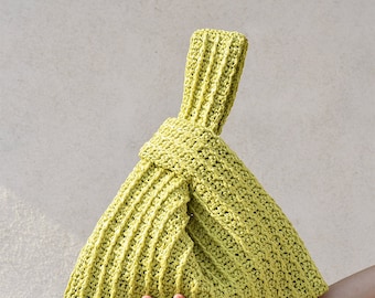 Raffia Knoten Tasche in Lime, gehäkelte Raffia Handtasche, Sommer Handgelenk Tasche, Minimale Strohtasche, handgefertigte Beutel Geldbörse — Die Raffia Knoten Tasche