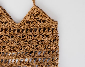 Gehäkelte Bast Einkaufstasche in Hellbraun, Sommer Einkaufstasche, Stroh Mesh Tasche, Handgefertigte Tasche, Gehäkelte Handtasche — Anemone Tote