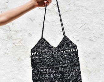 Sac fourre-tout en raphia au crochet en noir, sac fourre-tout d'été, sac en maille de paille noire, fourre-tout artisanal, sac à main au crochet — Anemone Tote