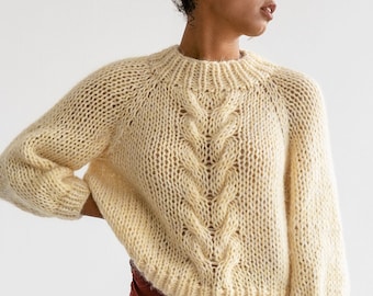 Chunky Braid Sweater — Hand Knit Mohair Cropped Pullover, Luxurious Oversized Cable Knit Sweater, Mockneck & Bubble Sleeves, Boxy Fit Raglan