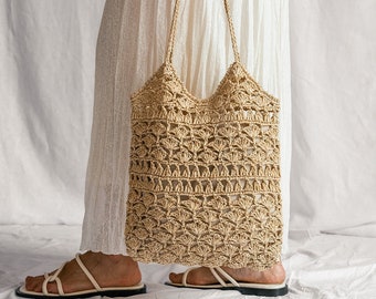 Crochet Raffia Tote Bag in Natural, Summer Tote Bag, Straw Mesh Bag, Handcrafted Tote, Crochet Handbag — Anemone Tote