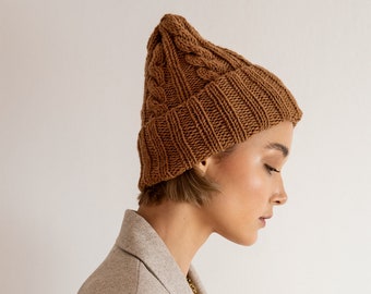 Hand Knit Beanie, Custom Knitted Hat, Womens Winter Knit Hat , Caramel Knit Hat, Mens Wool Hat, Custom Color — The Classic Cable Hat