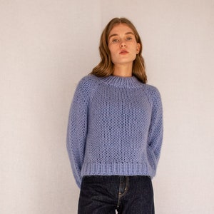 Relaxed Mohair Sweater in Sky, Hand Knit Pullover, Chunky Mohair Jumper, Oversized Knitted Sweater in Kid Mohair, Blue Mockneck, Loose Fit