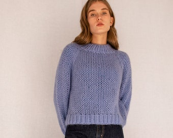 Relaxed Mohair Sweater in Sky, Hand Knit Pullover, Chunky Mohair Jumper, Oversized Knitted Sweater in Kid Mohair, Blue Mockneck, Loose Fit