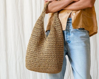 Crochet Raffia Tote in Tan, Summer Tote Bag, Straw Mesh Bag, Lightweight Tote, Crochet Shoulder Bag, One Handle Bag — The Daphne Tote