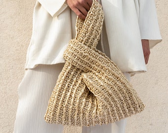 Raffia Knoten Tasche in Gold, gehäkelte Raffia Handtasche, Sommer Handgelenk Tasche, Minimale Strohtasche, handgefertigte Beutel Geldbörse — Die Raffia Knoten Tasche