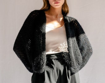 Airy Mohair Bomber — Hand Knit Cardigan, Raglan Balloon Sleeves,  Loose Knit Soft Mohair, Black Luxurious Lightweight Open Front Cardigan