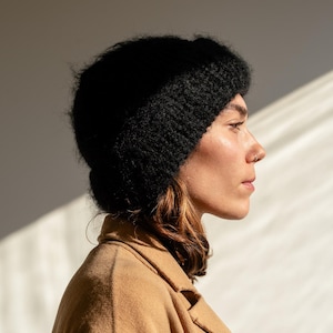 Chunky Mohair Beanie, Womens Winter Knit Hat, Black Knit Hat, Fluffy Mohair Beanie, Soft Knit — The Brushed Mohair Beanie in Night