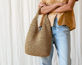 Crochet Raffia Tote in Tan, Summer Tote Bag, Straw Mesh Bag, Lightweight Tote, Crochet Shoulder Bag, One Handle Bag — The Daphne Tote