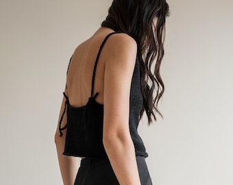 Haut dos nu, Col bateau en tricot main, Débardeur dos nu en tricot, Chemisier dos nu, Liens réglables, Haut d'été en coton — The Sleek