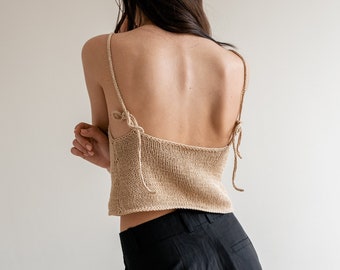 Open Back Top, Hand Knit Boatneck, Low Back Knit Tank, Backless Blouse, Adjustable Ties, Summer Cotton Top — The Sleek Knit Top