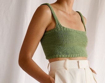 Square Neck Crop Top, Minimal Knit Top, Cropped Yoga Top, Hand