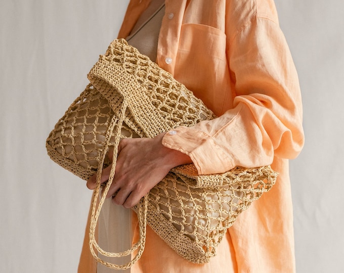 Raffia Net Bag in Natural, Crochet Raffia Tote, Summer Tote Bag, Straw Mesh Bag, Handcrafted Tote, Net Shoulder Bag