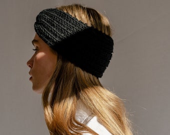Hand Knit Turban in Black, Chunky Rib Turban, Warm Womens Turband, Custom Color Turban, Winter Headband