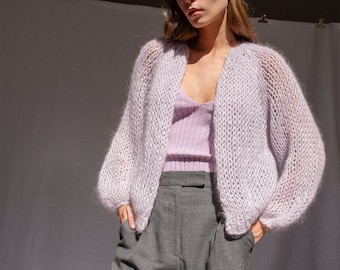 Airy Mohair Bomber in Feather — Hand Knit Mohair Cardigan, Raglan Balloon Sleeves,  Loose Knit Soft Mohair, Luxurious Open Front Cardigan