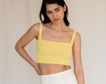 Square Neck Crop Top, Minimal Knit Top, Cropped Yoga Top, Hand Knit, Square Neckline, Knit Bra, Fitted Cotton Bralette in Sunshine Yellow