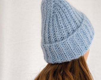 Mohair Beanie in Ice Water, Chunky Light Blue Beanie, Winter Hat, Super Soft Kid Mohair Cap, Women Knitted Hat, Warm Mohair Luxury Wool