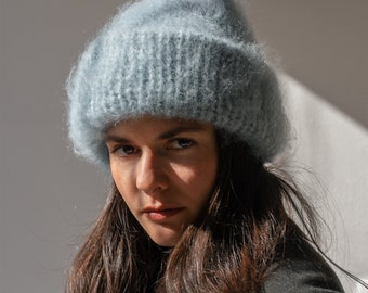 Chunky Mohair Beanie, Womens Winter Knit Hat, Pastel Blue