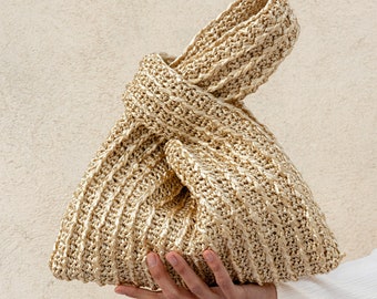 Raffia Knot Bag in Gold, Crochet Raffia Handbag, Summer Wrist Bag, Minimal Straw Bag, Handcrafted Pouch Purse — The Raffia Knot Bag