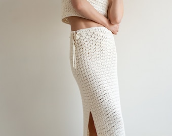 Long Crochet Skirt, Minimal Crochet, Lace Summer Skirt, Delicate Open Stitch, Side Slit, Adjustable Waist  —  The Ida Crochet Skirt