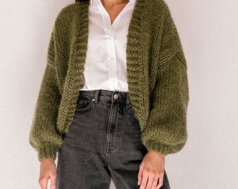 Mohair Bomber Cardigan in Moss, Hand Knit Deep Green in Soft Mohair, Chunky Knit Cardigan, Balloon Sleeves, Slouchy Open Front Cardigan