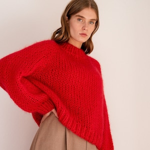 Relaxed Mohair Sweater in Lava, Hand Knit Pullover, Chunky Mohair Jumper, Oversized Knitted Sweater in Kid Mohair, Red Mockneck, Loose Fit image 1
