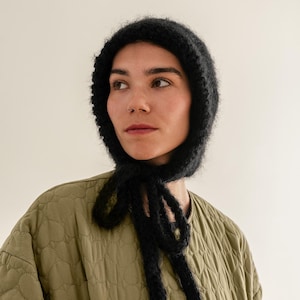 Chunky Mohair Bonnet, Adult Womens Knit Bonnet, Bow Tie Bonnet with Ribbons, Fluffy Mohair Hood, Soft Knit — The Brushed Mohair Bonnet