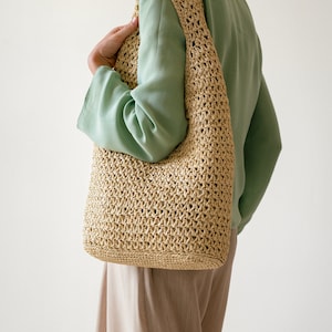 Crochet Raffia Tote in Natural Summer Tote Bag Straw Mesh Bag