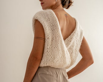 Gilet cache-cœur en mohair tricoté à la main : haut dos nu réversible