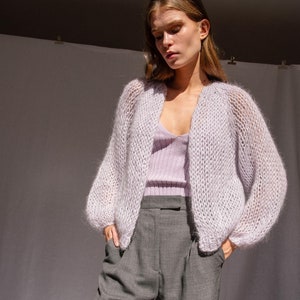 Airy Mohair Bomber in Feather — Hand Knit Mohair Cardigan, Raglan Balloon Sleeves,  Loose Knit Soft Mohair, Luxurious Open Front Cardigan