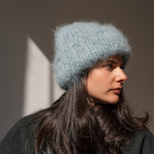Chunky Mohair Beanie, Womens Winter Knit Hat, Pastel Blue Knit Hat, Fluffy Mohair Beanie, Soft Knit — The Brushed Mohair Beanie in Ozone