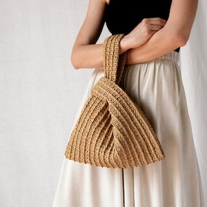 Raffia Knot Bag in Tan, Crochet Raffia Handbag, Summer Wrist Bag, Minimal Straw Bag, Handcrafted Pouch Purse The Raffia Knot Bag image 1