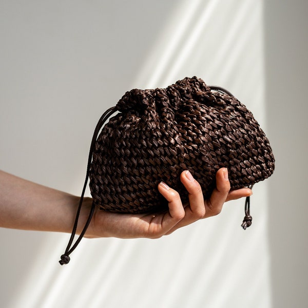 Raffia Pouch Bag, Crochet Raffia Handbag, Short Strap Crossbody, Summer Wrist Bag, Minimal Straw Bag, Mini Bag — The Aster Raffia Pouch