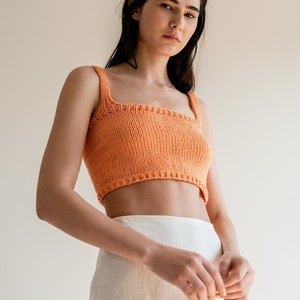 Square Neck Crop Top, Minimal Knit Top, Cropped Yoga Top, Hand Knit, Square Neckline, Knit Bra, Fitted Cotton Bralette in Peach Sorbet