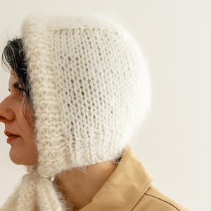 Chunky Mohair Bonnet, Adult Womens Knit Bonnet, Bow Tie Bonnet with Ribbons, Fluffy Mohair Hood, Soft Knit — The Brushed Mohair Bonnet