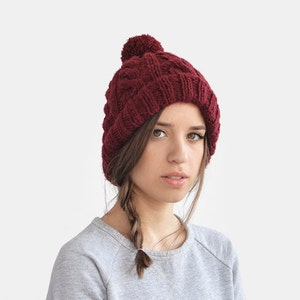 Hand Knit Beanie in Burgundy, Cable Knit Womens Winter Hat with Pom Pom, Warm Bobble Hat, Mens Wool Hat, Custom Color The Classic Cable image 1