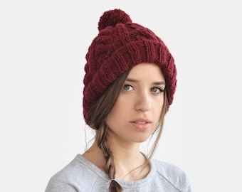 Hand Knit Beanie in Burgundy, Cable Knit Womens Winter Hat with Pom Pom, Warm Bobble Hat, Mens Wool Hat, Custom Color — The Classic Cable